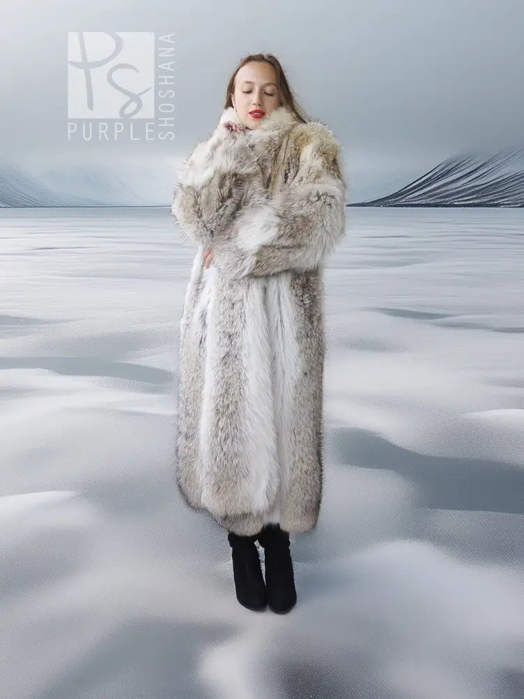 Coyote fur coat with white trim, long length and plush fur collar, front view