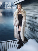 Coyote fur coat with light trim, plush longline silhouette