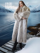 Full-length coyote fur coat with white accents and wide fur collar detail