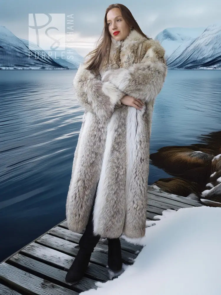 Full-length coyote fur coat with white accents and wide fur collar detail