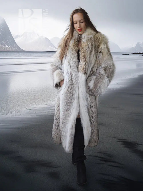 Coyote fur coat with white accents, full-length open front and textured fur detailing