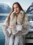 Coyote fur coat with white trim, plush shaggy fur collar and cuffs