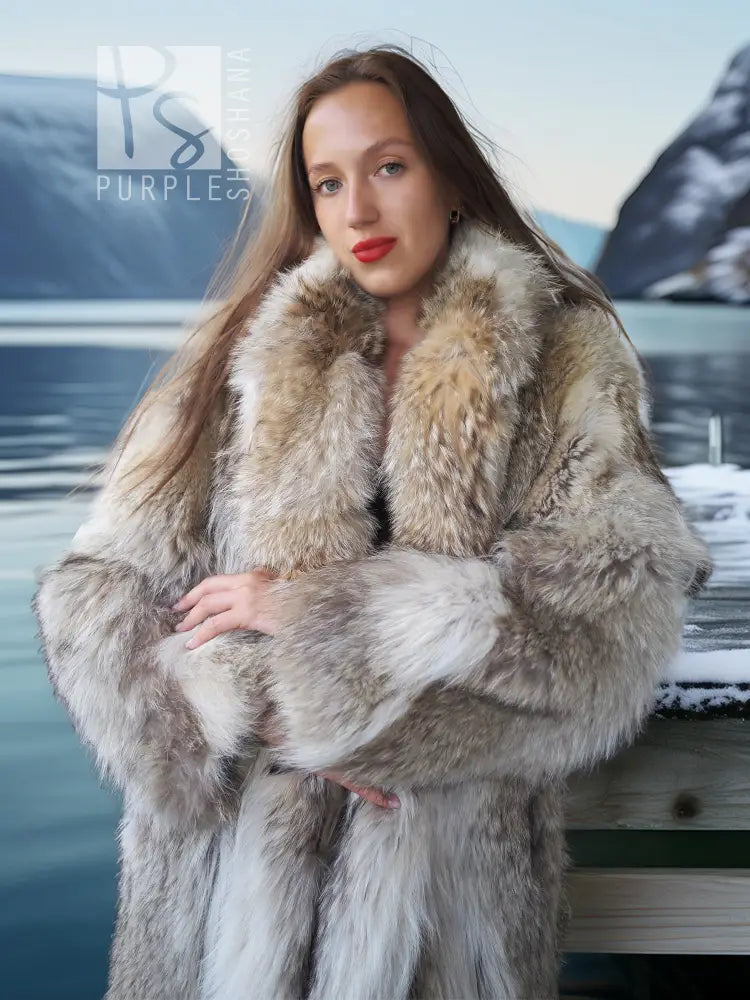 Coyote fur coat with white trim, plush shaggy fur collar and cuffs