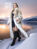 Coyote fur coat with light trim, open front, long sleeves