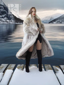 Long coyote fur coat with white accents, flared hem and open-front silhouette