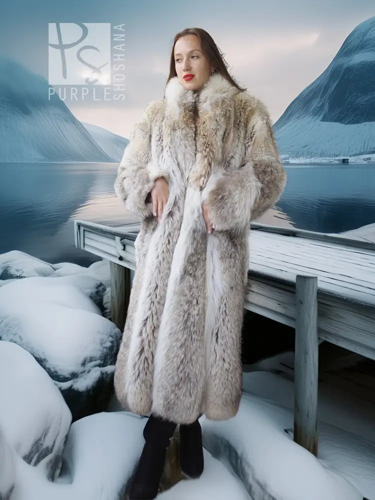 Long coyote fur coat with white accents, open front and plush collar detail
