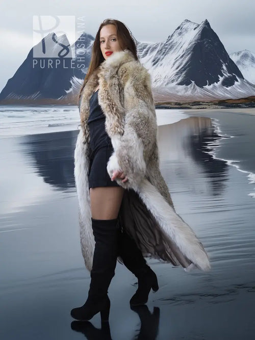 Coyote fur coat with white trim, open front and wide fur collar