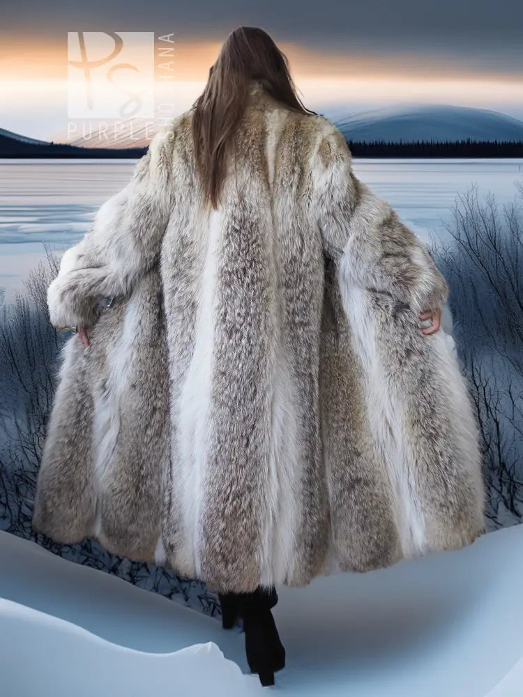Coyote fur coat with white trim, flared back panels and long sleeves