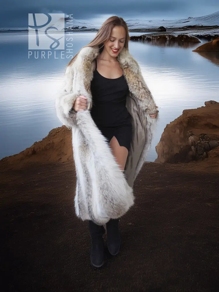 Coyote fur coat with white trim, open front and long fur tail detail