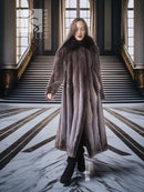 Women’s beaver coat with dramatic collar and full flared hem, dark brown, long length