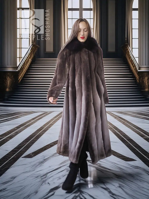 Women’s beaver coat with dramatic collar and full flared hem, dark brown, long length
