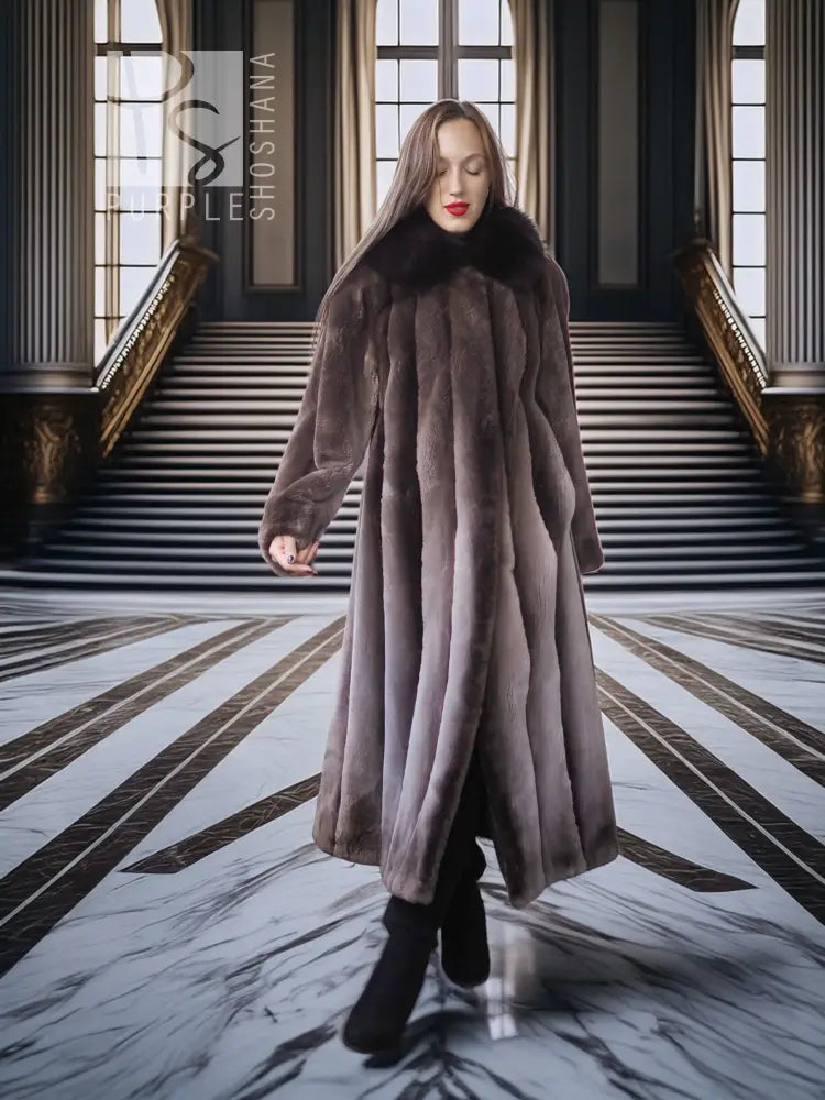 Women’s beaver coat with dramatic collar and full flared hem, dark brown, long length