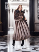 Women’s dark brown beaver coat with dramatic collar and fitted button front, long length