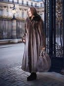 Women’s full-length dark brown beaver coat with wide collar and flared skirt, long sleeves
