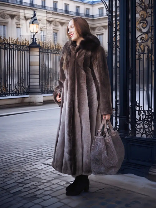 Women’s full-length dark brown beaver coat with wide collar and flared skirt, long sleeves