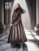 Full-length beaver fur coat with flared skirt and raised dramatic collar