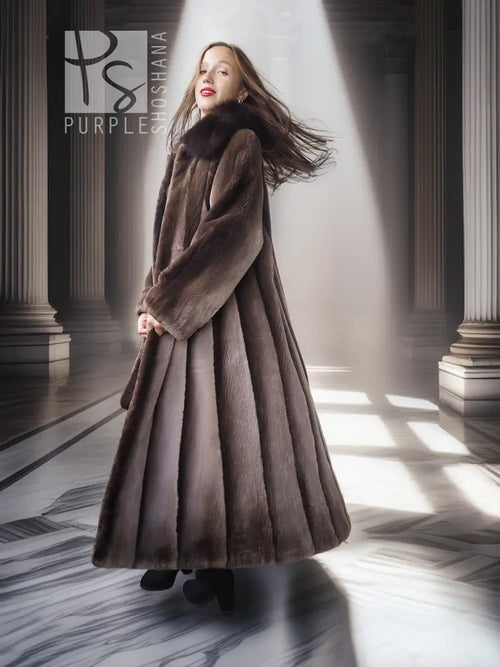 Full-length beaver fur coat with flared skirt and raised dramatic collar