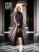 Dark brown full-length coat with wide fur collar and flared, swing-style silhouette