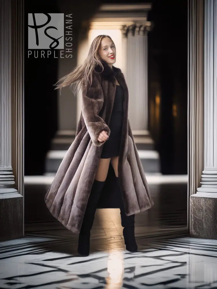Dark brown full-length coat with wide fur collar and flared, swing-style silhouette