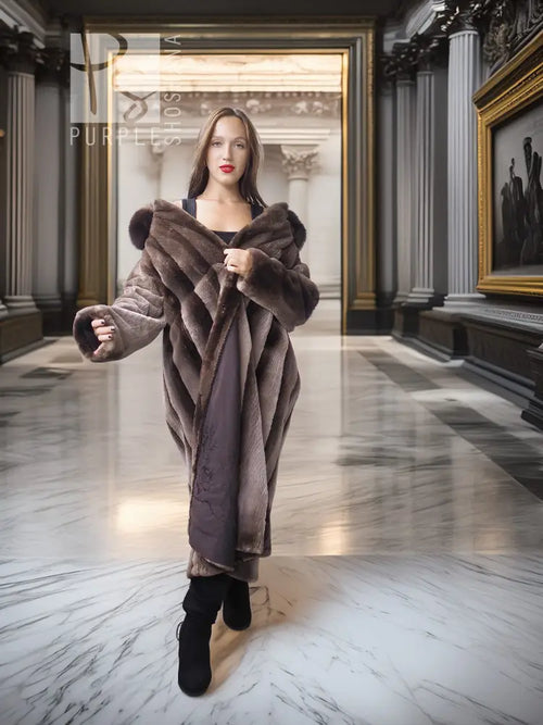 Women’s full-length beaver coat with dramatic wide collar and flared sweep, dark brown