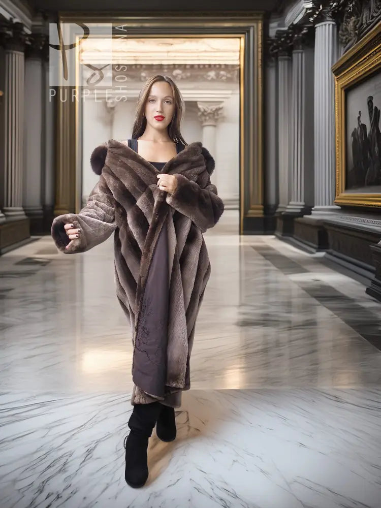 Women’s full-length beaver coat with dramatic wide collar and flared sweep, dark brown