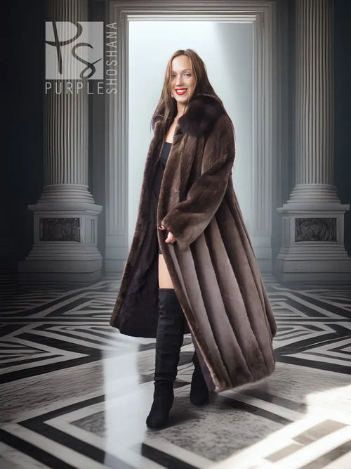 Women’s full-length dark brown beaver coat with wide collar, flowing flared skirt panels