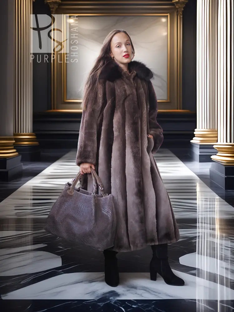 Dark brown sheared beaver coat with oversized collar and flared sweep skirt