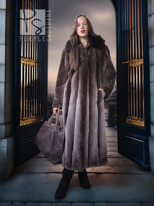 Beaver fur long coat with wide collar and flared sweep; standing outdoors
