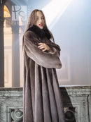 Dark brown full-length coat with thick collar and gently flared, straight front