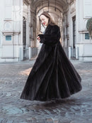 Black mink A-line sweep coat with plush collar and waist tie
