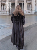Black mink fur coat with long back drape and full length sweep hem