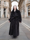 Black mink fur sweep coat with wide collar and belt tie, full-length sleeves