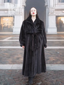 Black mink full-length coat with tie belt and plush fur shawl collar