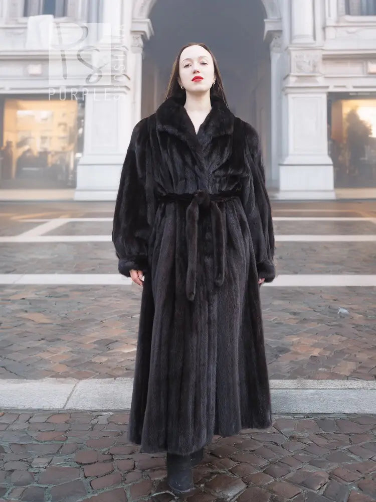 Black mink full-length coat with tie belt and plush fur shawl collar