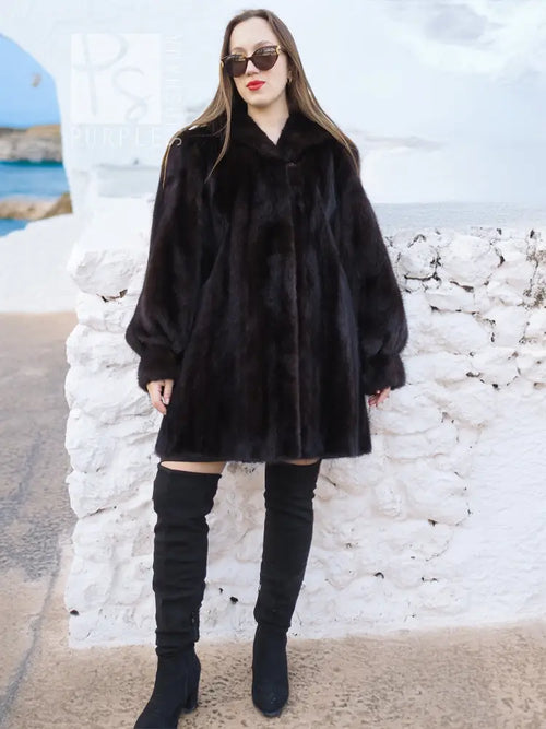 Black mink swing jacket coat with wide collar and long sleeves, front view