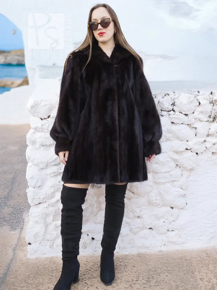 Black mink swing jacket coat with wide collar and long sleeves, front view