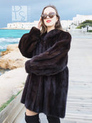 Black mink swing jacket coat with roomy sleeves and button front, close-up front view