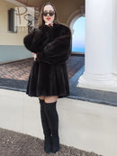 Black mink swing jacket coat with wide flared hem and long sleeves