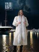 Ivory mink fur coat with stand collar, long sleeves, and full-length fit