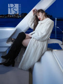 Ivory mink fur coat with shawl collar, long sleeves, belted waist, full length