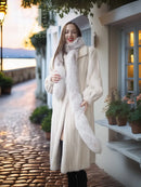 Ivory mink fur coat with plush stand collar and long sleeves, front view