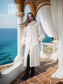 Ivory mink fur coat with shawl collar, long plush finish, open front