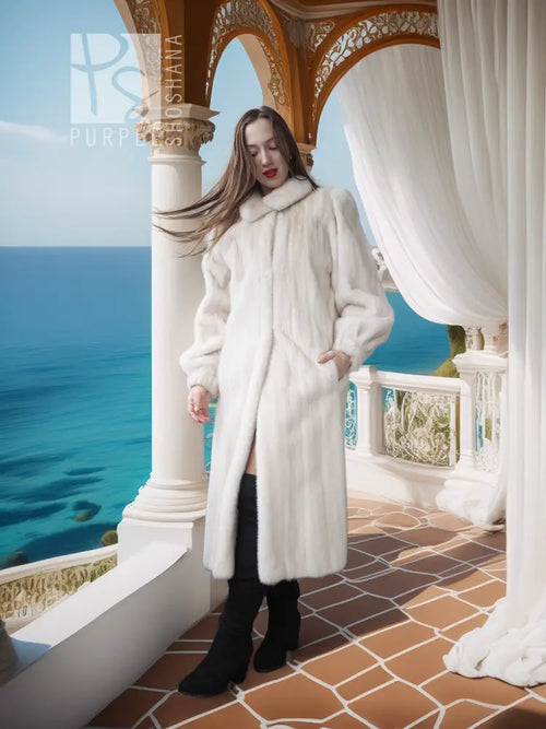 Ivory mink fur coat with shawl collar, long plush finish, open front