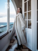 Ivory mink fur coat with shawl collar, voluminous shoulders, long sleeves