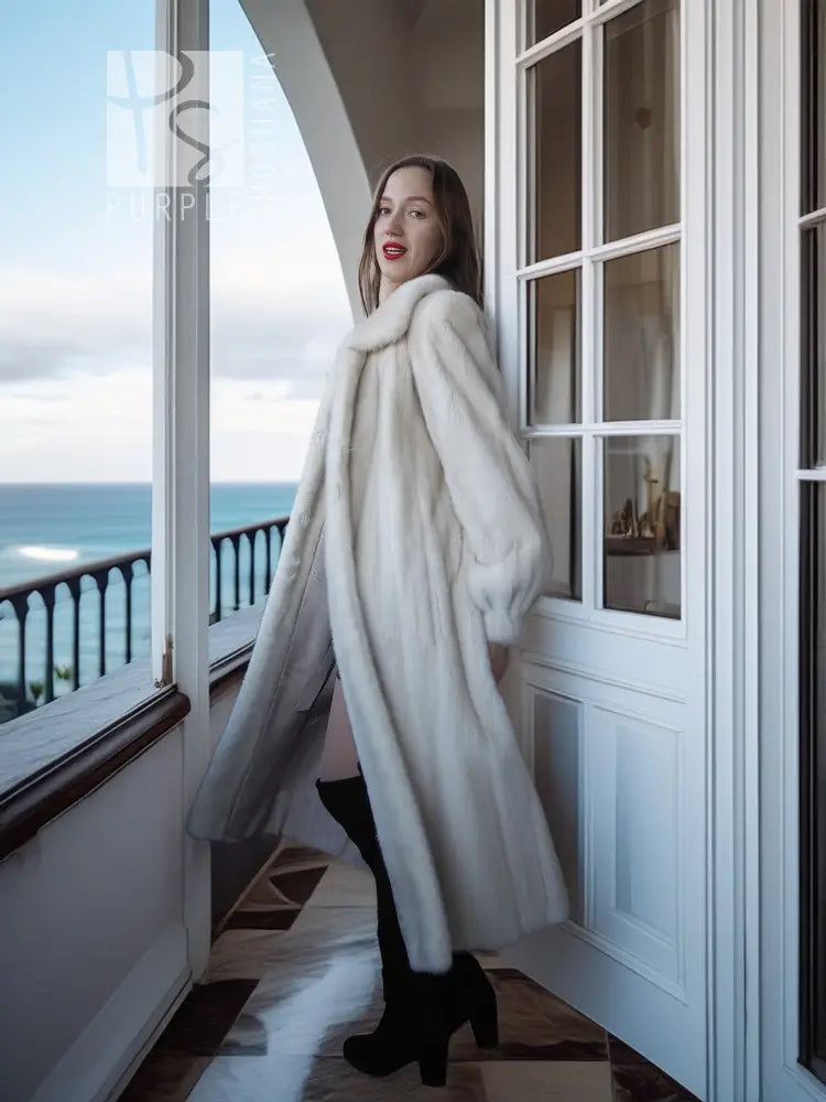 Ivory mink fur coat with shawl collar, voluminous shoulders, long sleeves