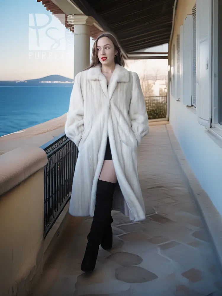 Ivory mink fur coat with shawl collar, open front, long plush texture