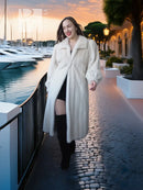 Ivory mink fur coat with shawl collar, buttonless open front, long fit