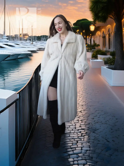 Ivory mink fur coat with shawl collar, buttonless open front, long fit