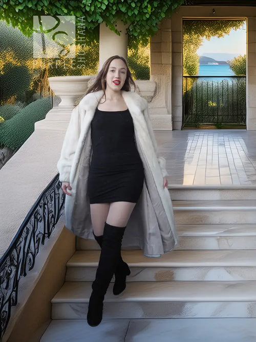 Ivory mink fur coat with shawl collar, long sleeves, relaxed drape
