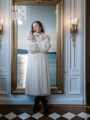 Ivory mink fur coat with shawl collar, straight long silhouette